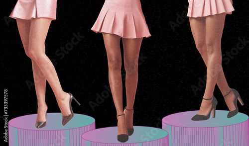 Contemporary art collage. Female Legs with colorful pink dress standing on podium. Pop art inspired photography, illustration. Concept of creativity, imagination with gradient grain effect noise.