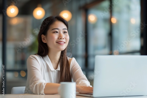 Happy Asian woman in casual clothes working in office with laptop