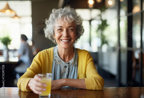 Elderly woman enjoying life drinking limonite in a restaurant. Smiling in a happy mood. 