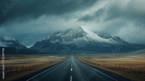  an empty road in the middle of a field with a large mountain in the distance with dark clouds in the sky and snow on the top of the top of the mountain.
