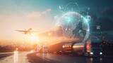 dynamic transportation and logistics concept, showcasing various modes of freight transport such as trucking and aviation, integrated with digital connectivity and global networking.