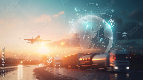 dynamic transportation and logistics concept, showcasing various modes of freight transport such as trucking and aviation, integrated with digital connectivity and global networking. photo