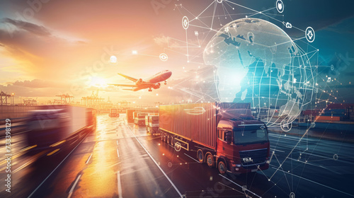dynamic transportation and logistics concept, showcasing various modes of freight transport such as trucking and aviation, integrated with digital connectivity and global networking. photo