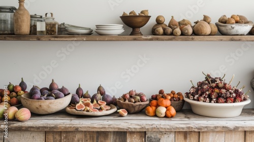  a wooden table topped with bowls of fruit and a bowl of fruit on top of a wooden shelf next to a bowl of fruit and a bowl of fruit on top of fruit.
