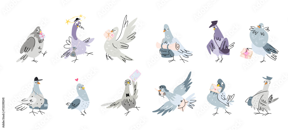 Post pigeon. Cartoon dove courier with parcel and envelopes. Funny isolated pigeons clipart. Retro mail delivery and communication, nowaday vector set - obrazy, fototapety, plakaty 