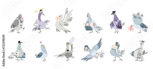 Post pigeon. Cartoon dove courier with parcel and envelopes. Funny isolated pigeons clipart. Retro mail delivery and communication, nowaday vector set