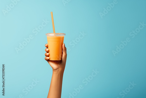 Woman hand holding cup of coffee. Blue background  photo