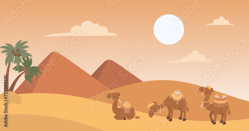 Camel in desert. Camels caravan in sands landscape. Arabian animals on dunes on sunset. Funny animal with decorative carpets  nowaday vector background