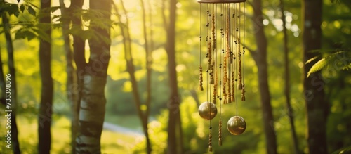 Wind chimes hanging among the trees were exposed to the wind photo