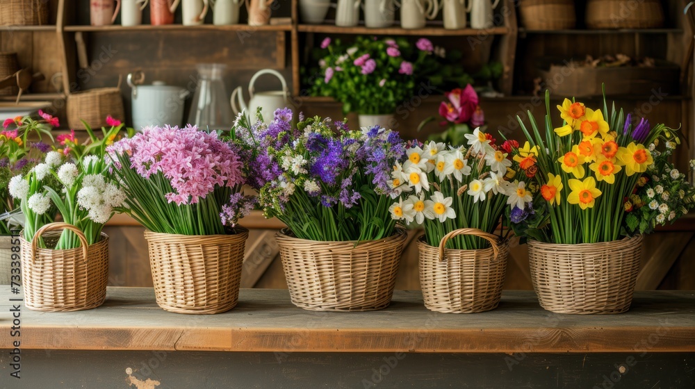  a table topped with baskets filled with lots of different types of flowers next to a shelf filled with pots and pans filled with different types of flowers next to each.