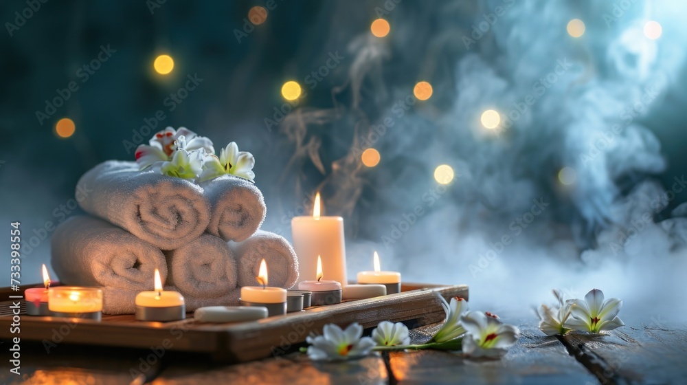 a tray with candles, towels and flowers on a wooden table in front of a blurry background of white flowers and a few white candles in the foreground. a tray with candles, towels and flowers on a wooden table in front of a blurry background of white flowers and a few white candles in the foreground.