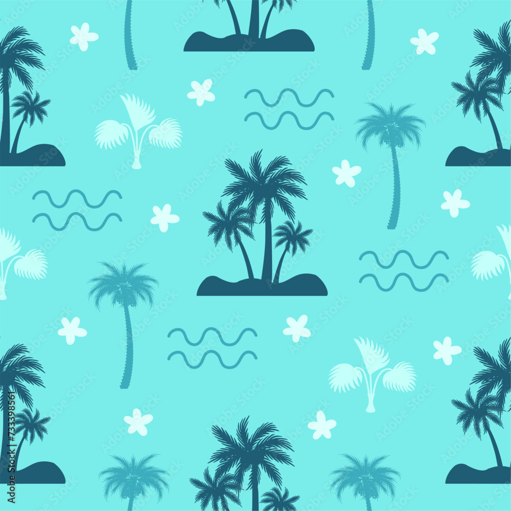 Cartoon palm tree seamless pattern. Summertime abstract fabric print, beach rest. Sea waves and palms, decorative neoteric vector background