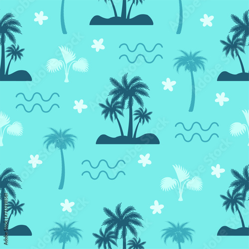 Cartoon palm tree seamless pattern. Summertime abstract fabric print, beach rest. Sea waves and palms, decorative neoteric vector background © MicroOne