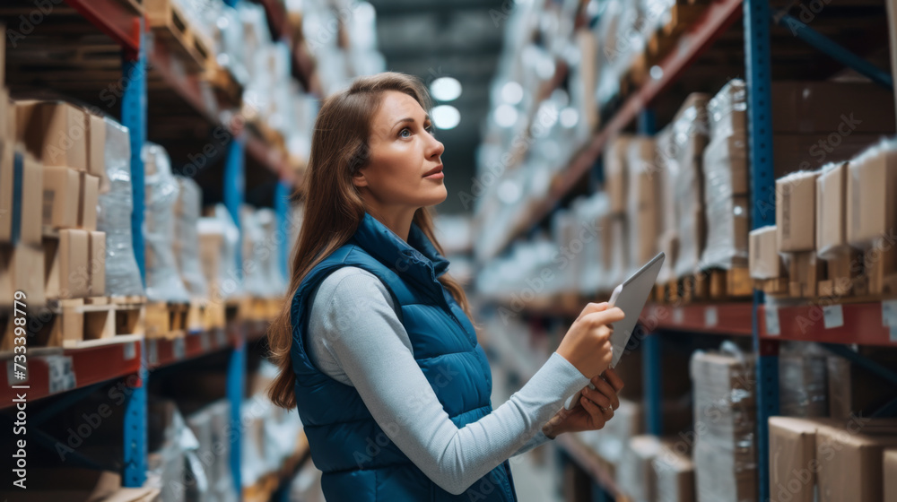 woman in a warehouse vest looking up at shelves while holding a tablet.