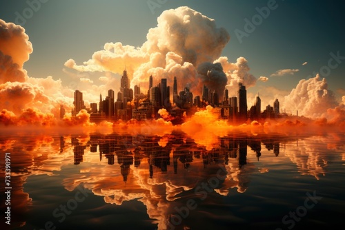 Serene Sunset Over Cityscape with Water Reflections.
