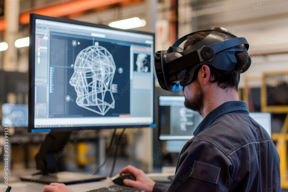 Man in VR Headset Creating 3D Model in Office Man in VR Headset Creating 3D Model in Office