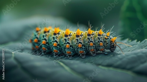 A macro shot of a caterpillar munching on a leaf, highlighting its textured s...
