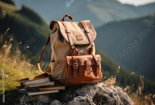 a hiking backpack and an open book sit up high near the mountain