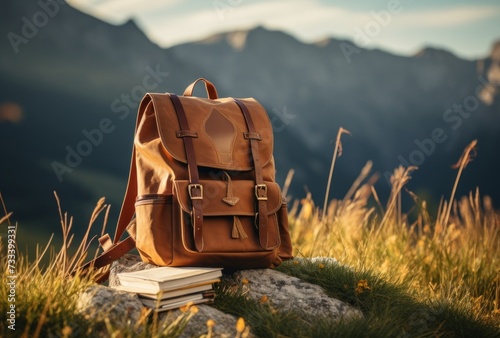 a hiking backpack and an open book sit up high near the mountain