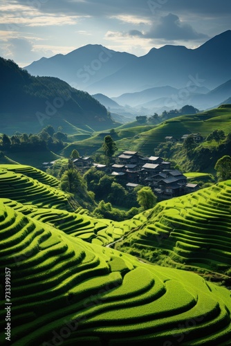 A hillside covered in vibrant green grass, showcasing its lush and abundant growth. © Ihor