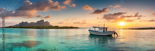 Fishing boat at sunset time. Le Morne Brabant on background. Mauritius. Panorama
