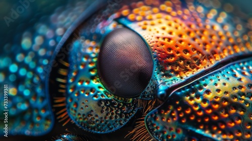 A detailed close-up of a beetle's iridescent shell, shimmering with metallic ...
