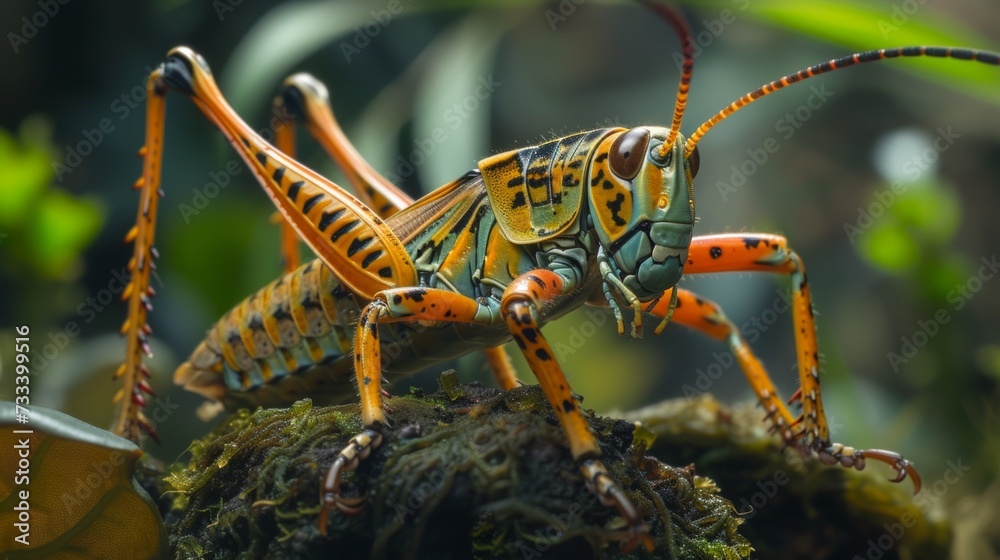Fototapeta premium grasshopper's powerful hind legs, showcasing their intricate structure and adaptability for jumping