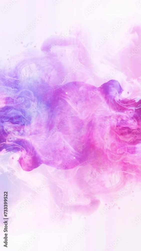 Vertical video. Colorful smoke background. Fantasy cloud. Neon pink blue purple ink motion hypnotic mix magic paint blend magic haze explosion effect on white.