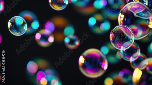  a group of soap bubbles floating in the air on a black background with multicolored bubbles floating in the air on top of the bottom of the bubbles is a black background.