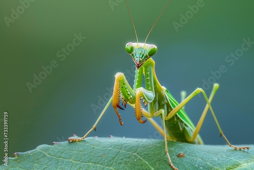 A macro photograph of a praying mantis perched on a leaf