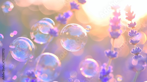  a bunch of soap bubbles sitting on top of a field of lavender flowers in front of a bright blue sky with the sun shining down on the top of the bubbles.