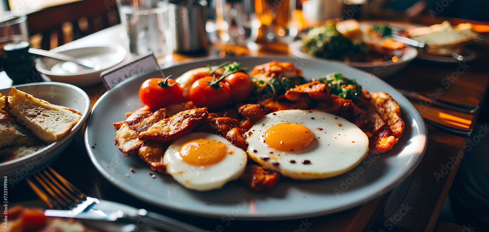 photo of breakfast on a wooden table with sunlight - obrazy, fototapety, plakaty 
