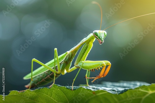 A macro photograph of a praying mantis perched on a leaf © olegganko