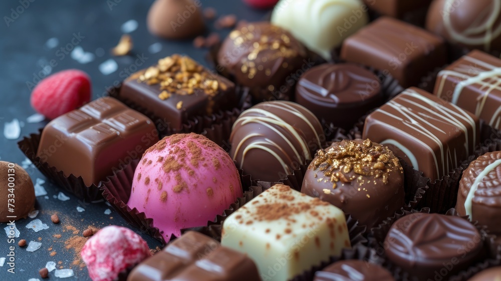  a pile of assorted chocolates sitting next to each other on a blue tablecloth with confetti and sprinkles on top of the chocolates.