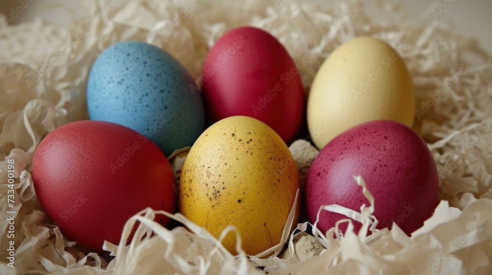 a close up of a group of eggs in a nest on a bed of shredded up paper with a blue, yellow, and red egg in the middle of the middle. a close up of a group of eggs in a nest on a bed of shredded up paper with a blue, yellow, and red egg in the middle of the middle.