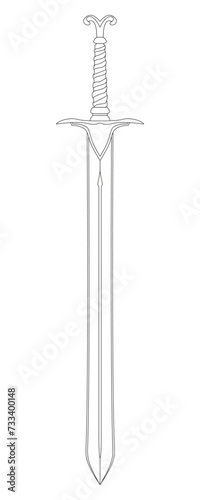 Sword line art. Ancient Longsword. Saber. Blade Tattoo. Vector illustration isolated on white background.