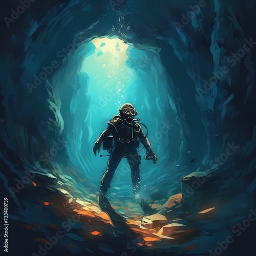 Underwater Adventure: Diver Exploring a Deep Sea Cave