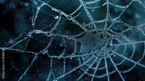  a close up of a spider web with drops of water on the spider's web in the center of the spider's web, on a dark blue background.