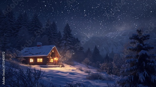  a cabin in the middle of a snowy forest under a night sky with stars and the moon shining on the roof and the roof of the cabin in the foreground.