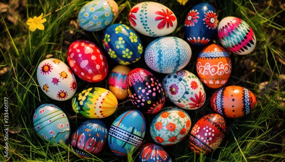 Various Easter eggs and spring flowers in Green Grass background Various Easter eggs and spring flowers in Green Grass background