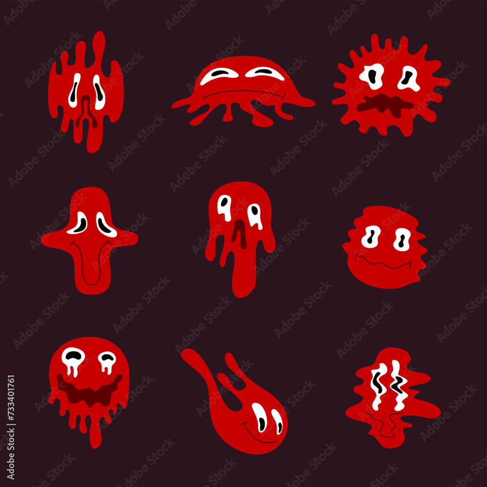 Blood characters emoticons from liquid flowing blood drops vector cartoon set