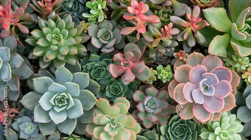 a close up of many different types of succulents in various colors and varieties of green, red, pink, and green plants in a garden area. © Anna