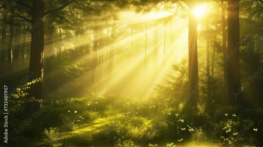 Obraz premium a sunbeam shines through the trees in a forest filled with green grass and wildflowers, while the sun shines through the trees in the distance.