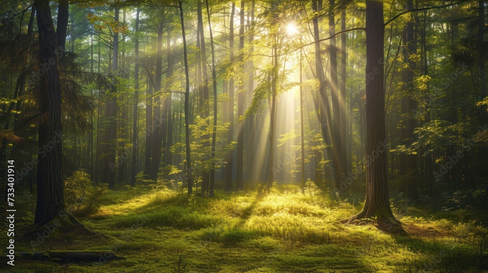 the sun shines through the trees in a forest filled with lush green grass and tall, tall, thin trees in the foreground, while the sun shines through the trees in the background.