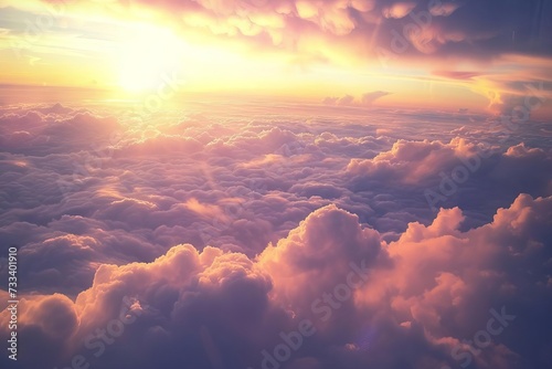 Dramatic sky view from an airplane window Showcasing a breathtaking cloudscape and the horizon at sunset Offering a sense of adventure and the beauty of flight