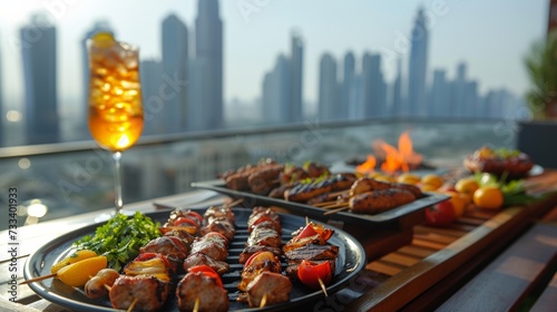 A rooftop barbecue, with cocktails flowing and grilled delicacies sizzling ov...