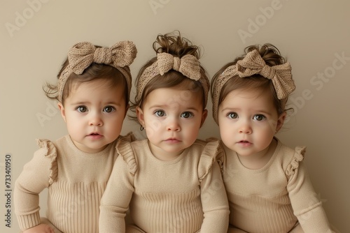 identical triplets toddler girls, neutral color clothes, pastel beige background