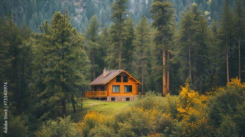 A serene mountain cabin nestled among tall pines, offering a peaceful retreat from the chaos of everyday life © olegganko