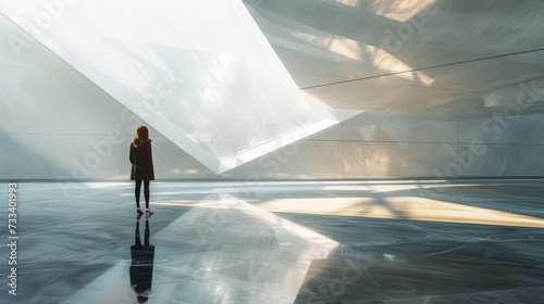 A modern art museum, with a visitor admiring a sculpture against a backdrop of stark white walls and polished floors