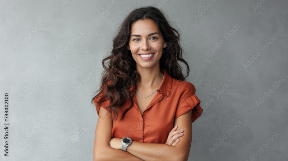 a cheerful young woman with long wavy hair, wearing an orange blouse, standing with her arms crossed against a neutral gray background a cheerful young woman with long wavy hair, wearing an orange blouse, standing with her arms crossed against a neutral gray background